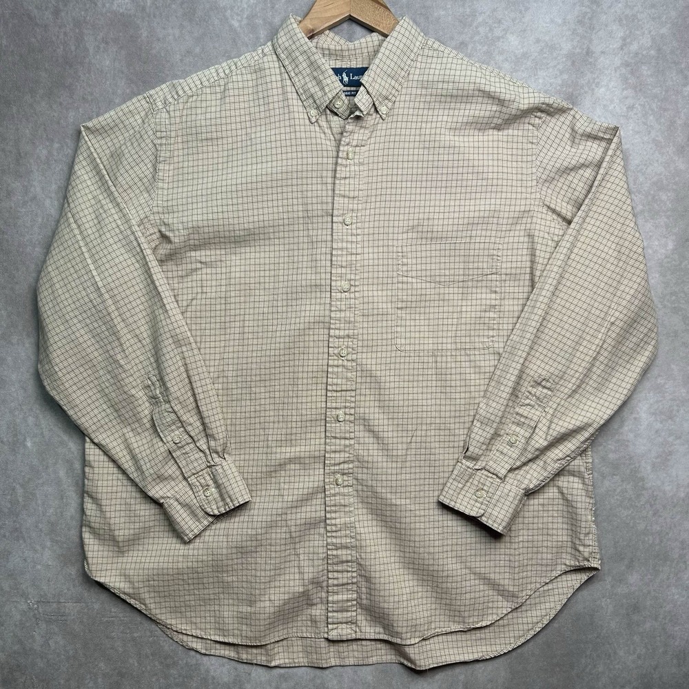 Vintage 90s Ralph Lauren Button Up Shirt Sz 1XB Cotton Houndstooth Graph Brown
